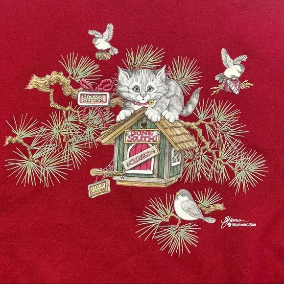 Vintage Cat Sweatshirt size Large Birds Nature Red Pullover - Picture 3 of 10